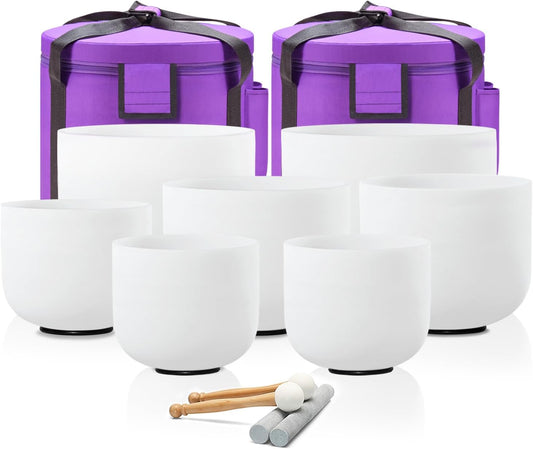 CVNC 432HZ 7-12 Inch Set Of 7 Pcs Frosted Quartz Crystal Singing Bowls With 2 Pcs Carrying Case bag Sound Healing