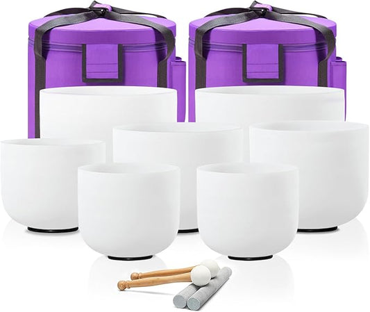 CVNC 432HZ 7-12 Inch Set Of 7 Pcs Frosted Quartz Crystal Singing Bowls With 2 Pcs Carrying Case bag Sound Healing - Bloomnest