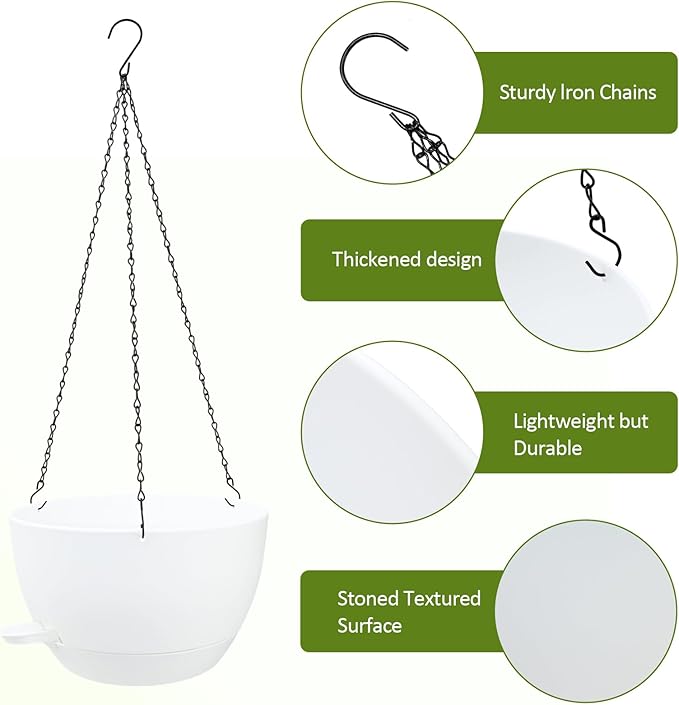 WOUSIWER Self Watering Hanging Planters, 2 Pack 12'' Plastic Pots with Drainage Holes & Reservoir Tray (White) | Indoor & Outdoor Use for Ferns, Ivy, Herbs, Succulents - Bloomnest