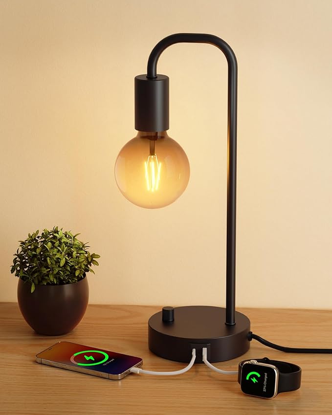 ONEWISH Industrial Table Lamp with 2 USB Port, Fully Dimmable Nightstand Bedside Lamps for Bedroom,Desk Lamps with 2700K Black Gradient Bulb for Reading Living Room,Office - Bloomnest