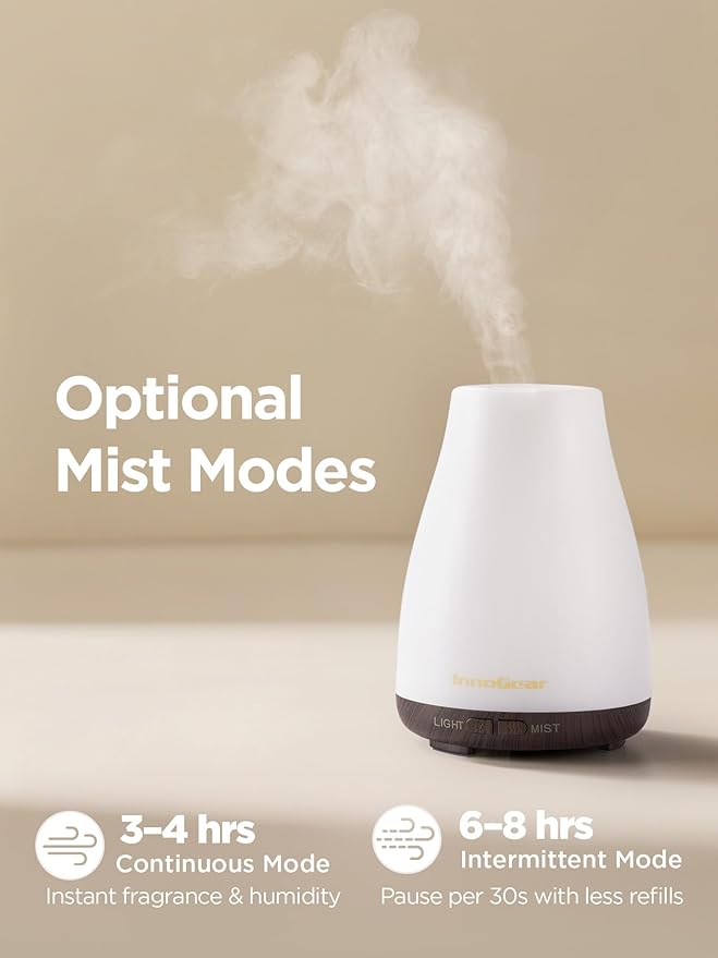 InnoGear Essential Oil Diffuser, Ultrasonic Diffusers for Home Aromatherapy Humidifier for Bedroom Room 7 Colors LED 2 Mist Mode Auto Off, Brown Base - Bloomnest