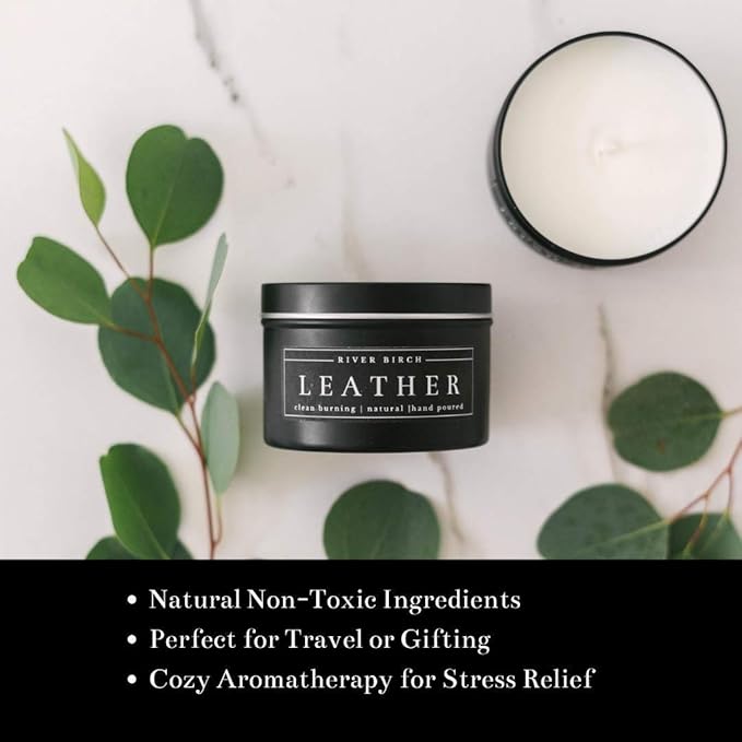 River Birch Leather Scented Candle - Premium, Natural, Non-Toxic, Soy Candles Ideal for Home Decor & Cozy Gifts - Black Matte Tin - 8 oz - Bloomnest