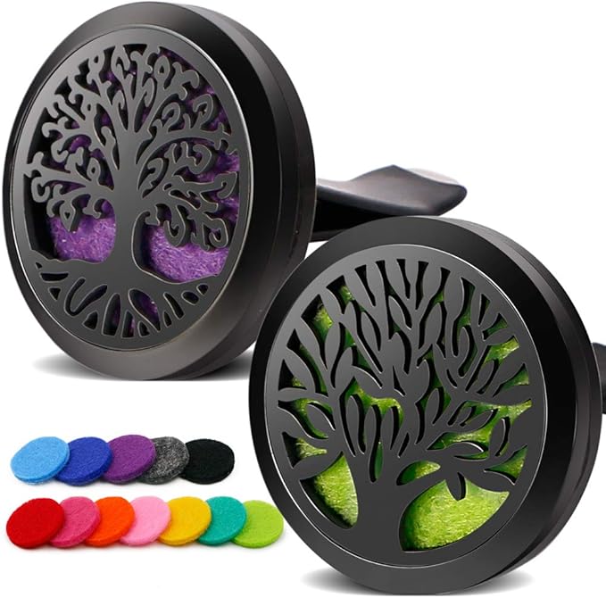 2PCS Tree of Life Car Diffuser Aromatherapy Essential Oil Black Stainless Steel Locket with Vent Clip 12 Felt Pads - Bloomnest