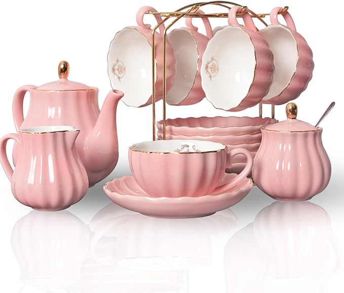 Sweejar Porcelain Tea Sets British Royal Series, 8 OZ Cups & Saucer Service for 6, with Teapot Sugar Bowl Cream Pitcher Teaspoons and Tea Strainer, Suitable for High Tea, Wedding, Party (Pink) - Bloomnest