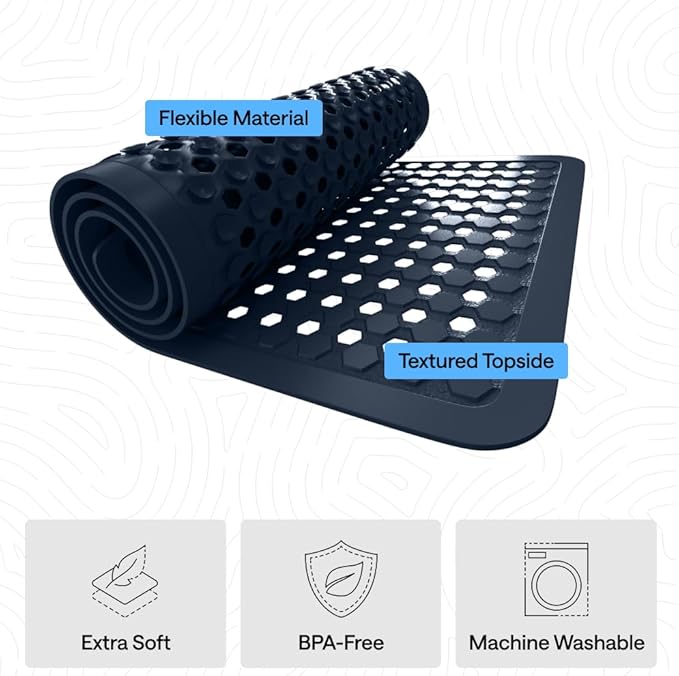 GORILLA GRIP Patented Bath Tub Shower Mat, Machine Washable Bathtub Floor Liner Mats, Suction Cups and Drain Holes to Keep Tubs Clean, Soft on Feet, Bathroom Essentials, 35x16 Inch, Navy Opaque - Bloomnest