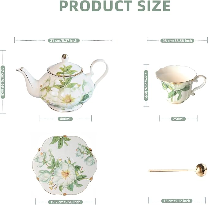 Vintage Floral Porcelain Bone China Tea Set - 1 Teapot, 2 Cups & Saucers with Gold Trim, Includes 2 Spoon (White Camellia) - Bloomnest