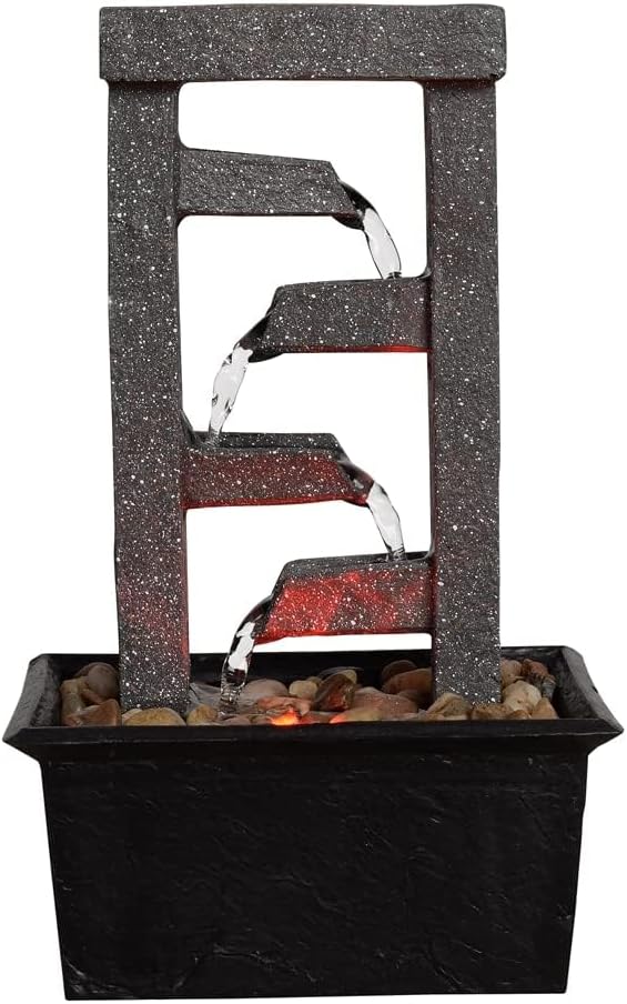 GOSSI 10" H 4 Tiered Cascading Rectangle Indoor Desktop Fountain with Natural River Rocks and RGB Color Changing LED Lights Home/Office Decoration Meditiation Resin waterfull Tabletop Fountain - Bloomnest