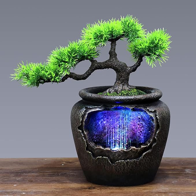 Rockery Fountain Waterfall, Resin Feng Shui with LED Lights Desktop Fountain Waterfall for Indoor Outdoor Home Office Decor - Bloomnest