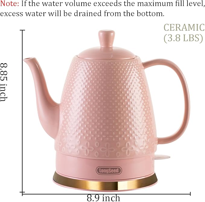 1.2 Liters Ceramic Electric Kettle Pot, Boil Water Quickly and Easily with Boil-Dry Protection, Auto Shut Off, Detachable Swivel Base, Graceful Gooseneck Teapot 1000W, Pink