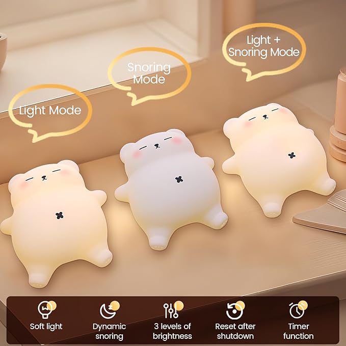 Sleepy Snoring Bear Night Light,Novelty Nursery Nightlight for Kids, Dimmable/Timer/Rechargeable USB-C, Food-Grade Silicone LED Squishy Animal Bedside Lamp,Funny Gifts for Boys Girls Baby,Room Decor - Bloomnest