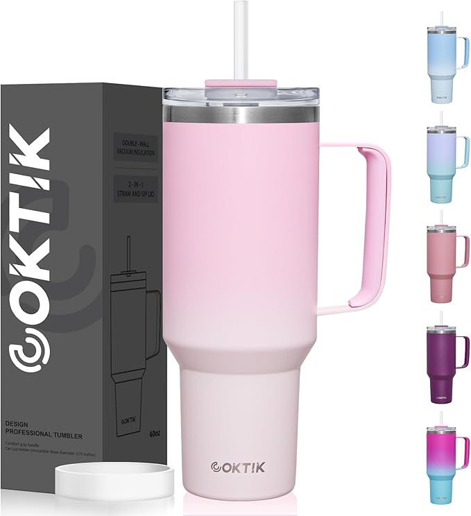 COKTIK 40 oz Tumbler With Handle and Straw Lid, Vacuum Insulated Travel Coffee Mug Stainless Steel Insulated Cup for Beverages, Leak-proof, Cupholder Friendly (Sakura) - Bloomnest