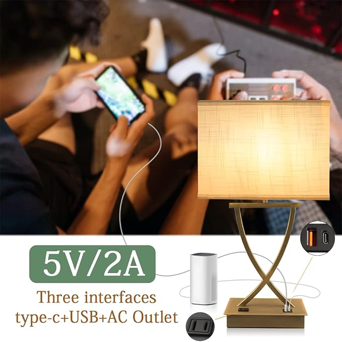 3-Way Dimmable Touch Control Medium Table Lamp with Type C/USB Charging Port and 1 AC Outlet White Shade 21.38" Bedside Nightstand Lamp for Bedroom Living Room Office and Hotel Bulb Included - Bloomnest