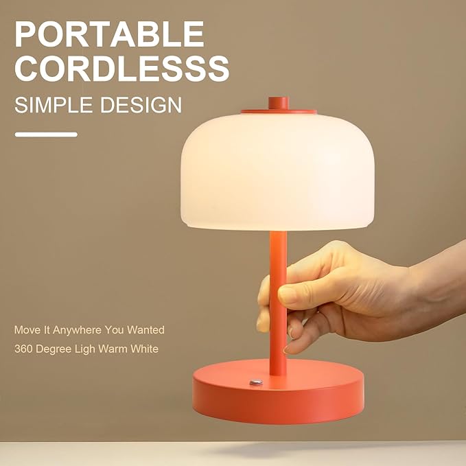 Oneach 9" Cordless Table Lamp, Orange Rechargeable Battery Operated Lamp, 3-Way Stepless Dimming Touch Lamps, Small Glass Bedside Nightstand Light for Bedroom Dining Table Living Room Shelf Decor - Bloomnest