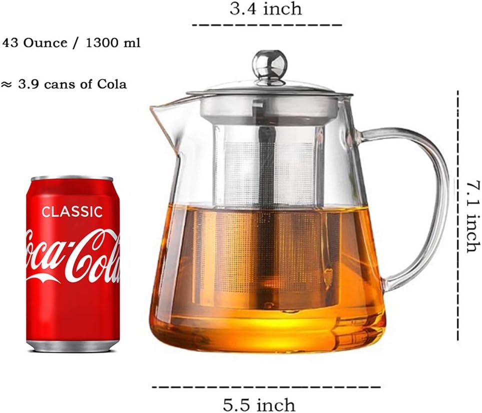 Glass Teapot with Infuser Tea Pot 32oz/43oz Tea Kettle Stovetop Safe Blooming and Loose Leaf Tea Maker Set (43oz/ 1300ml) - Bloomnest
