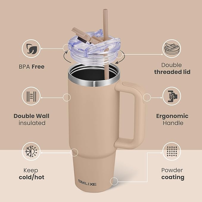 30 oz Tumbler with Handle, Tumbler with Lid and Straw, Double Wall Vacuum Insulated Travel Mug Stainless Steel Tumbler for Hot and Cold, Cupholder Friendly (Mocha) - Bloomnest