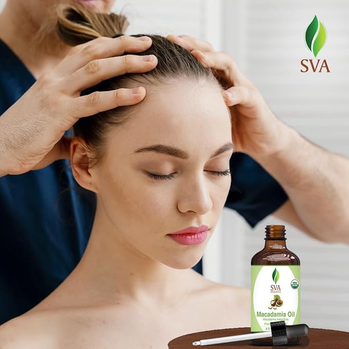 SVA Macadamia Seed Oil Organic - 4 Fl Oz – 100% Natural Cold Pressed Organic Macadamia Oil - for Face, Skin Care, Hair Care, Scalp Massage & Body Massage – Carrier Oil with Dropper - Bloomnest