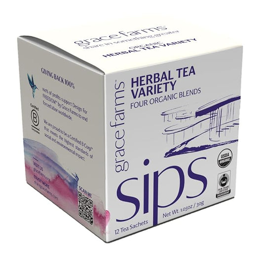 Grace Farms HERBAL TEA VARIETY Box (12 Enveloped Sachets) | 4 Naturally Sweet, Caffeine Free Flavors | Chamomile Citrus, Hibiscus Orange, Spearmint Rose, & Rooibos Chai | Organic, Fair Trade & Kosher | Gives Back 100% of Profits - Bloomnest