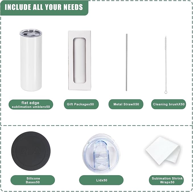 50pack 20OZ Flat Edge Sublimation Straight Skinny White tumblers bluk Double Wall Stainless Steel Insulated Cup with Metal Straw Brush Wholesale - Bloomnest