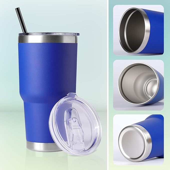 DOMICARE 30 oz Tumbler with Lid and Straw, Stainless Steel Tumblers Bulk, Insulated Vacuum Double Wall Travel Coffee Mug, Durable Powder Coated Tumbler Cups (Dark Blue, 4)