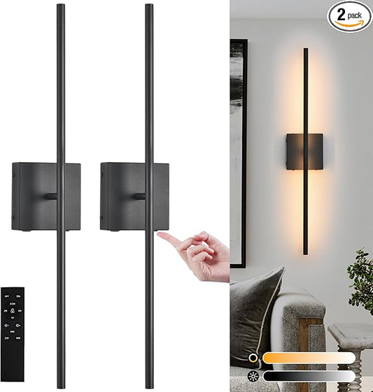 Battery Operated Wall Sconces set of 2, 16000mAh Black Rechargeable Wall Sconce with Remote Control, 3000K-6000K Dimmable LED Wireless Wall Light for Living Room, Hallway, Bedroom, Stairs, 29 Inchs - Bloomnest