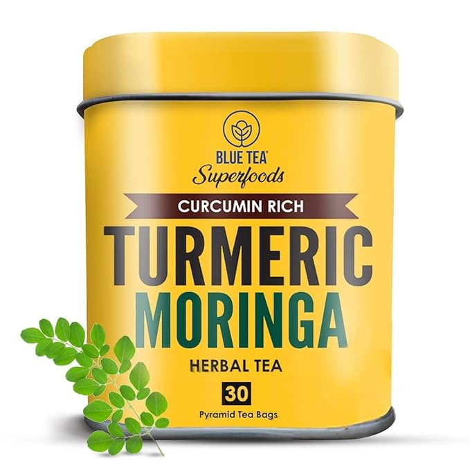 BLUE TEA - Turmeric Tea - Moringa - 30 Count - Pyramid Plant Based Tea Bag | CURCUMIN RICH - HERBAL BLEND | Caffeine Free - Vegan - Herbal Tea - Mild Flavor - Healthy | Reusable Tin Pack - Bloomnest