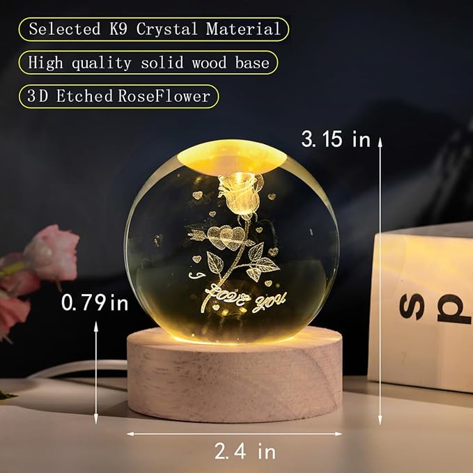 3D Rose Crystal Ball with LED Stand, Rose Figurine in Glass Sphere Lamp Night Light, I Love You Decor Gifts for Women Girls Mom Kids - Bloomnest