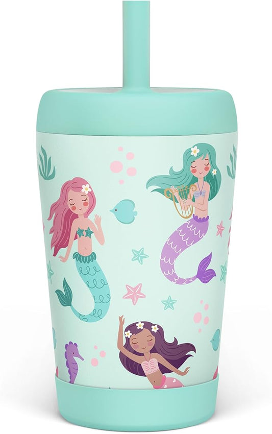 Kid Insulated Stainless Steel Tumbler with Silicone Straw, 12oz Sippy Cup for Kids (Magical Mermaids) - Bloomnest