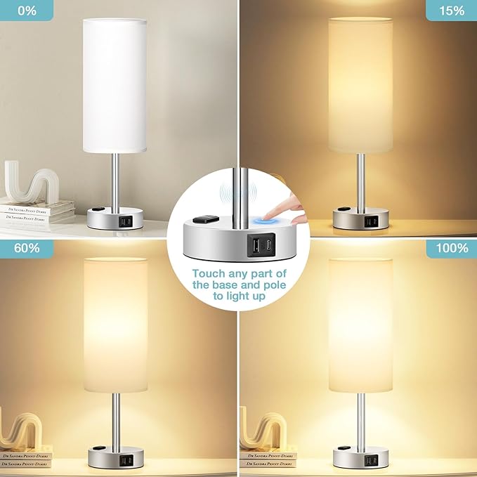 Fenmzee White Touch Bedroom Table Lamp - 3 Way Dimmable Bedside Lamp USB C A Charging Ports and AC Outlet, Small Lamp Nightstand with Silver Base for Living Room, Office Desk, LED Bulb Included - Bloomnest