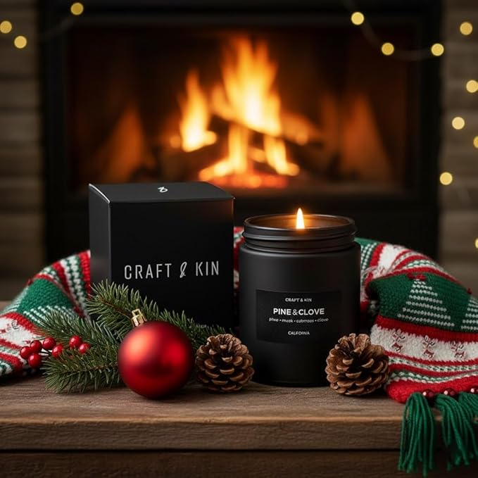 Craft & Kin Premium Pine & Clove Candle | Black Christmas Scented Candles for Home | Christmas Tree Candle | Long Lasting with 45 Hour Burn Time, 7.6oz | Soy Holiday Candles | Aromatherapy at Home - Bloomnest