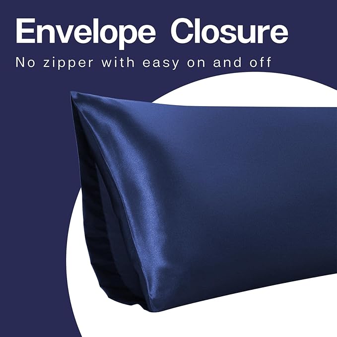 MR&HM Satin Body Pillow Cover, Soft and Breathable Body Pillow Case with Envelope Closure, Cooling and Silky Long Pillowcase for Hair and Skin,Grey (20x54, Navy Blue) - Bloomnest