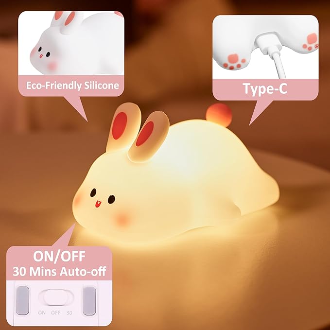 Attivolife Cute Bunny Nursery Light, Easter Rabbit Squishy Silicone Touch Night Lamp Rechargeable, Kawaii Animal Toddler Room Decor Table Lamp, Child Girl Women Birthday Gift - Bloomnest