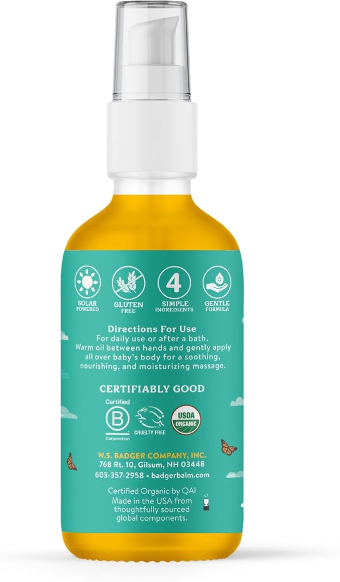 Badger Baby Oil, 100% Organic Ingredients to Soften & Moisturize Dry Skin or Cradle Cap, Soothing Vegan Organic Baby Oil, 4 fl oz Glass Bottle - Bloomnest