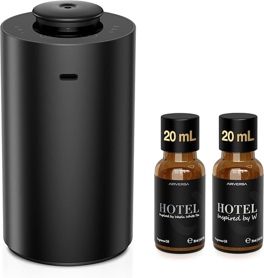 Airversa Waterless Essential Oil Diffuser Starter Kit with 2x20mL Hotel Fragrance Oils for Car Home Office,Premium Aluminum Housing, Up to 600 sq ft, Aroma Nebulizer Baterry Operated, ANX Kit-3 Black - Bloomnest