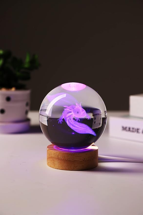 Axolotl Lamp,3.15 inch Axolotl Crystal Ball Lamp,Upgraded 3D K9 Axolotl Crystal Ball Night Light with Wooden Base,16 Colors Change with Remote Control, Axolotl Glass Ball Lamp,Axolotl Gift (E) - Bloomnest