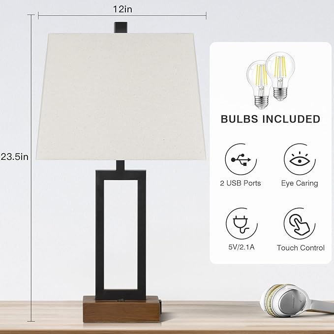 23.5" Table Lamps Set of 2, Modern Black Bedside Lamps with 2 USB Ports & AC Outlet, Contemporary Nightstand Lamps with Wood Base for Bedroom Living Room(LED Bulb Included) - Bloomnest