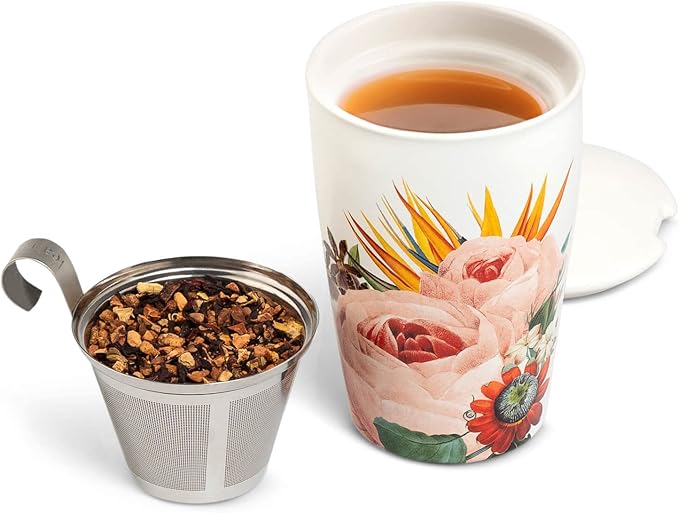 Tea Forte Double-Walled Ceramic Kati Cup, Removable Stainless Steel Infuser Basket and Lid, Steeps 12 oz Loose Leaf Tea, Dishwasher & Microwave Safe, Jubilee - Bloomnest