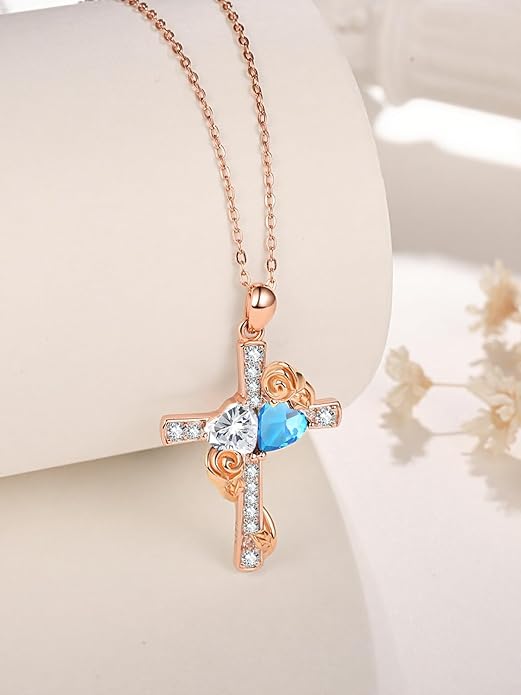 Rose Gold Dual Birthstones Cross Necklace for Women Rose Flower Jewelry Anniversary Christmas Mother's Valentine's Day Birthday Gift for Wife Girlfriend Mom - Bloomnest