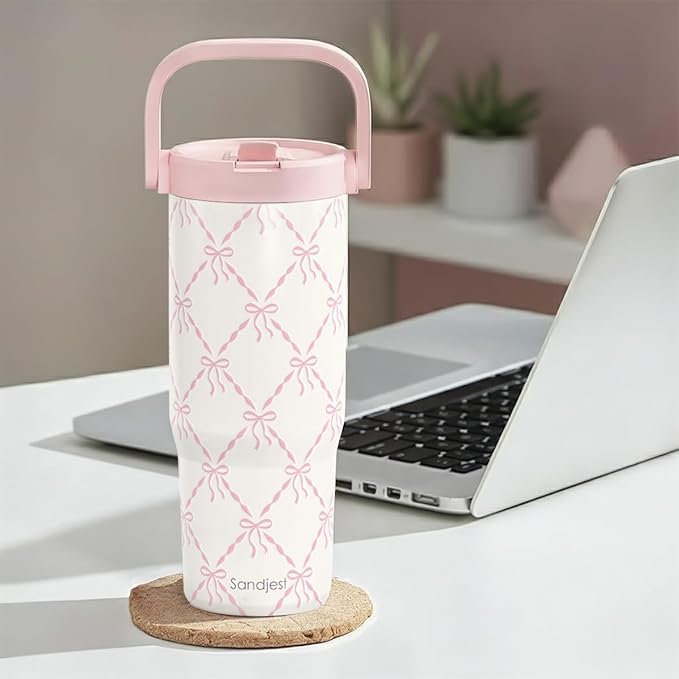 SANDJEST Bow Stainless Steel Straw Lid Tumbler 30oz with Carry Handle for Women Girls, Insulated Travel Coffee Cup, Gift for Sports Outdoor Workout Christmas Birthday - Bloomnest