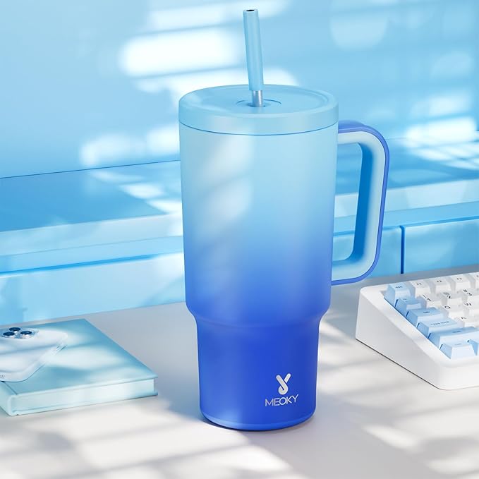 Meoky 30 oz Tumbler with Handle, Tumbler with Lid and Straw, Insulated Stainless Steel Travel Mug, 100% Leak-proof, Cupholder Friendly, Keeps Cold for 24 Hours or Hot for 8 Hours (Sky) - Bloomnest