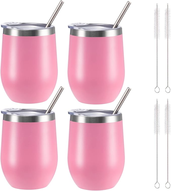 12 oz Insulated Wine Tumbler with Lid and Straw,Stainless Steel Stemless Wine Tumbler Glasses Double Wall Vacuum Wine Cups Tumbler Bulk for Coffee,Champaign,Cocktail,Office(Pink,4) - Bloomnest