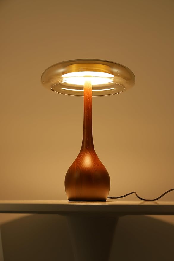 Small Table Lamp for Bedroom-Wooden Base Teardrop Mushroom Table Lamps,Amber Glass Shade,LED Three Color Temperature Adjustable Brightness Modern LED Side Table and Desk Lighting(H 12.4 in) - Bloomnest