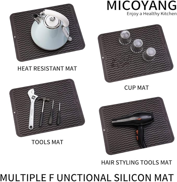 Silicone Dish Drying Mat for Multiple Usage,Easy clean,Eco-friendly,Heat-resistant Silicone Mat for Kitchen Counter or Sink,Refrigerator or drawer liner Coffee L 16 inches x 12 inches - Bloomnest