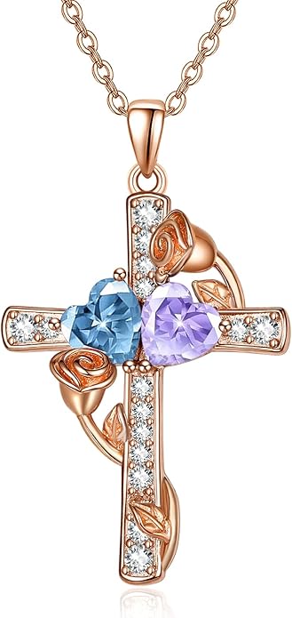 Rose Gold Dual Birthstones Cross Necklace for Women Rose Flower Jewelry Anniversary Christmas Mother's Valentine's Day Birthday Gift for Wife Girlfriend Mom - Bloomnest