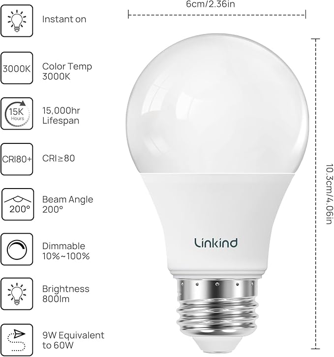 Linkind A19 LED Light Bulbs Dimmable, 60W Equivalent, Energy Efficient 9W, 3000K Warm White, 800 Lumens, E26 Standard Base, 120V, Lighting for Bedroom Living Room Home Office, 6 Packs - Bloomnest