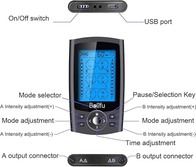 Belifu Dual Channel TENS EMS Unit 24 Modes Muscle Stimulator for Pain Relief Therapy, Electronic Pulse Massager Muscle Massager with 10 Pads, Dust-Proof Drawstring Storage Bag, Fastening Cable Ties Belifu