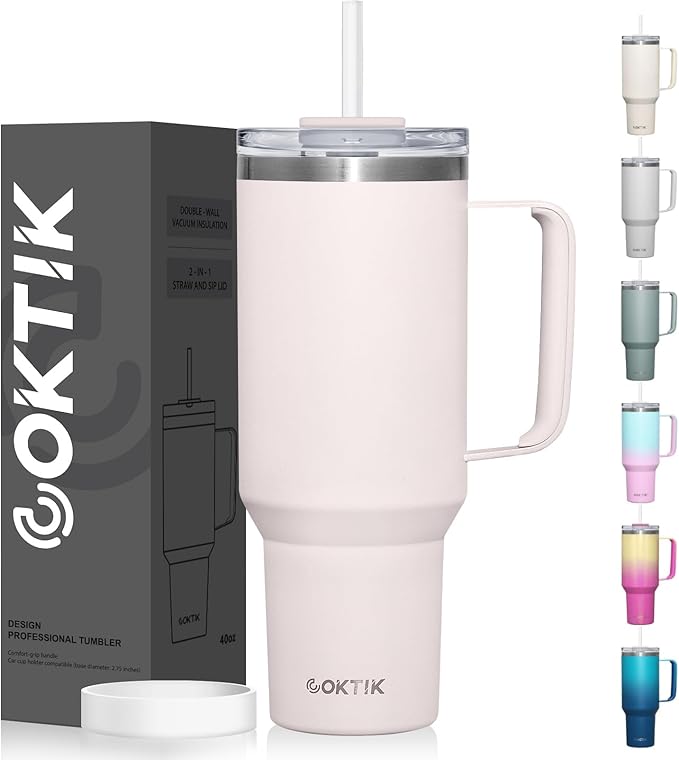 COKTIK 40 oz Tumbler With Handle and Straw Lid, Vacuum Insulated Travel Coffee Mug Stainless Steel Insulated Cup for Beverages, Leak-proof, Cupholder Friendly (Rose Quartz) - Bloomnest