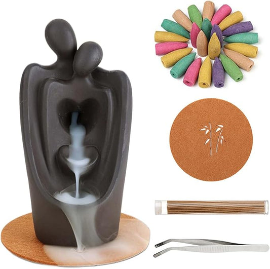 Simcat Backflow Incense Burner Handicraft Hugging Lovers Incense Waterfall Burner Ceramic Incense Holder Censer Romantic Home Decor +20 Backflow Incense Cones 30 Incense Sticks 1 Tweezer 1 Mat - Bloomnest