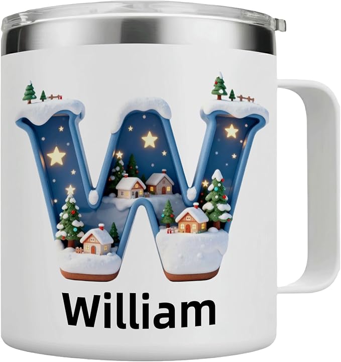 Personalized Christmas Mug with Name, 12oz Insulated Coffee Tumbler with Handle, Custom Magical Winter Village Scene Initial Cup, Holiday Xmas Gift for Women, Her (B09) - Bloomnest