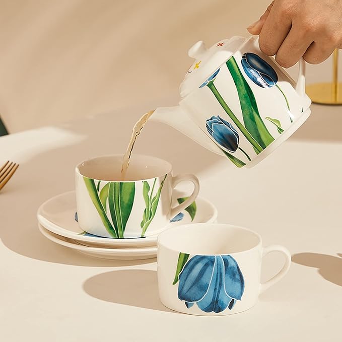 Ceramic Tea Set for Two, 13.6oz Teapot with Infuser, Stacked Kettle Two Cup and Saucer with Handpainted Flower Pattern, Office Home Gift for Women and Adults, Style 1 - Bloomnest