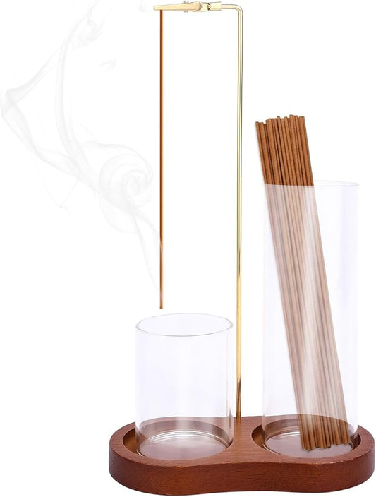 2 in 1 Incense Holder, Wooden Incense Upside Down Burner Tray with Iron Rack & 2 Glass Ash Collector Anti-Ash Flying Catcher Storage Supply for Yoga SPA Meditation Home Decor - Bloomnest